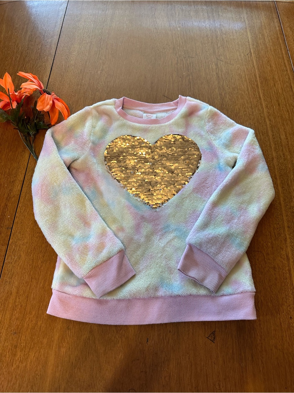 Wonder Nation Pink and Cream Tie-Dye Pullover with Gold/Silver Sequin Heart